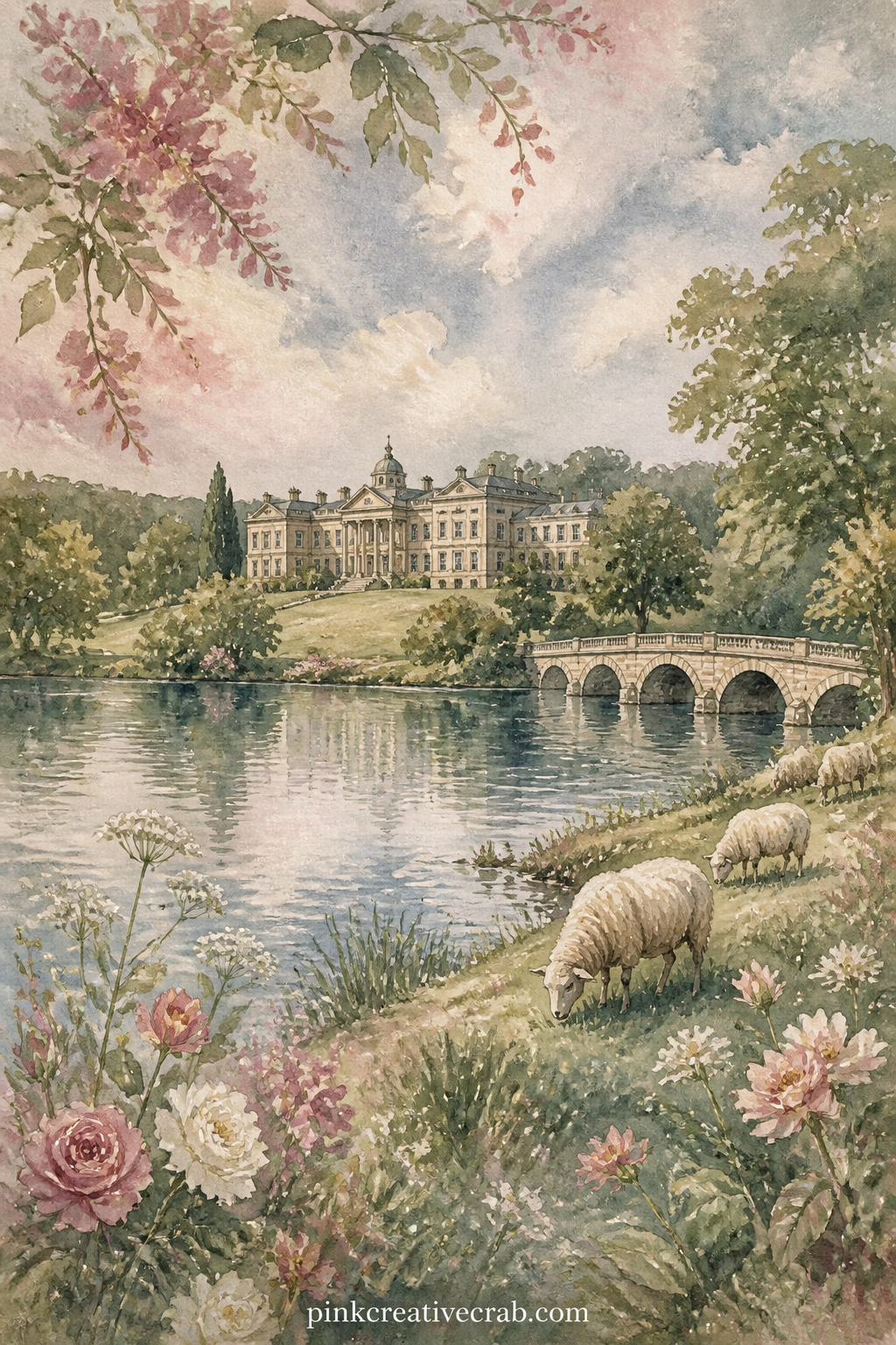 Grand Estate Across The Lake printable page — Glue a torn ticket stub or a pressed leaf onto the far shore of this page, as if someone left it there on a walk