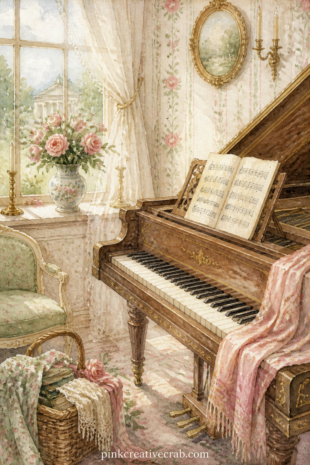 Morning Room With Piano printable page — Pair this page with the Quill and Rose pattern a few pages ahead: use the pattern as a facing page so the open piano