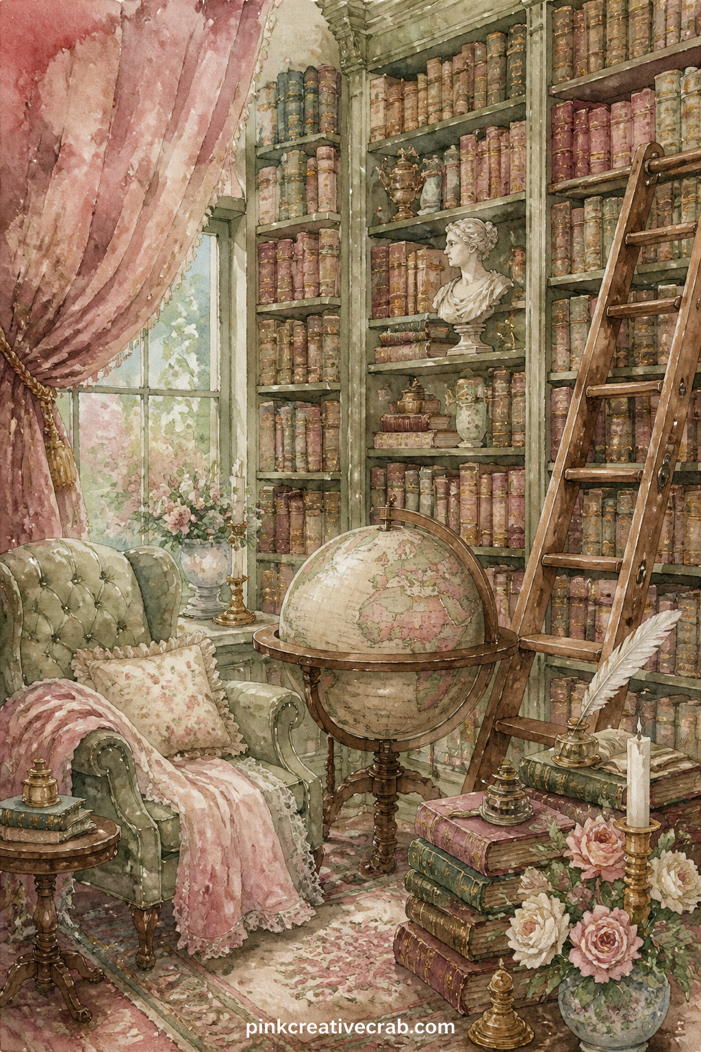 Library With Globe And Ladder printable page — The usual mistake with a library page is leaving the shelves too sparse, so the room reads empty rather than