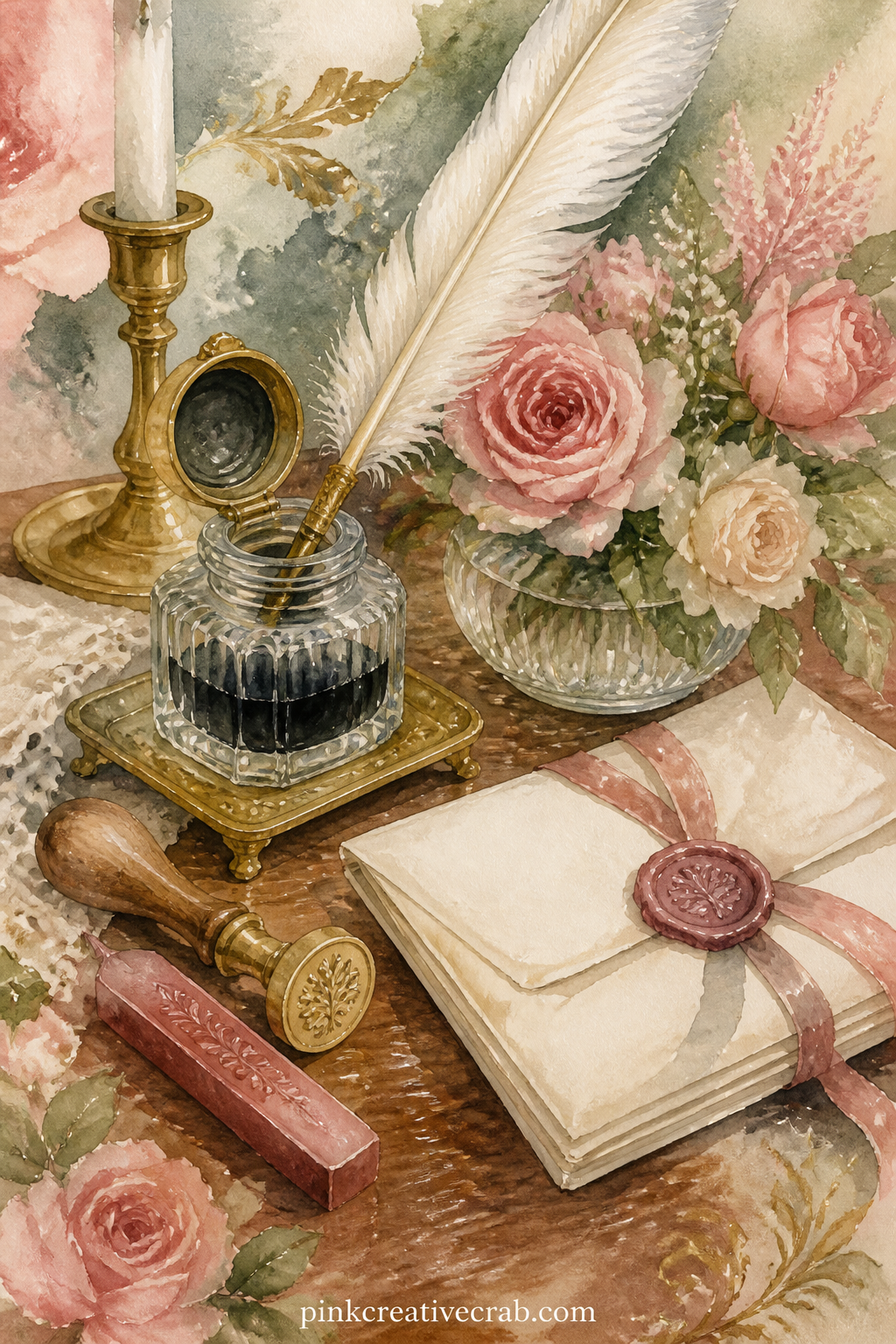 Writing Desk Still Life printable page — Tuck a real scrap of ribbon or a pressed flower onto this page before you glue it in, resting it across the inkwell so