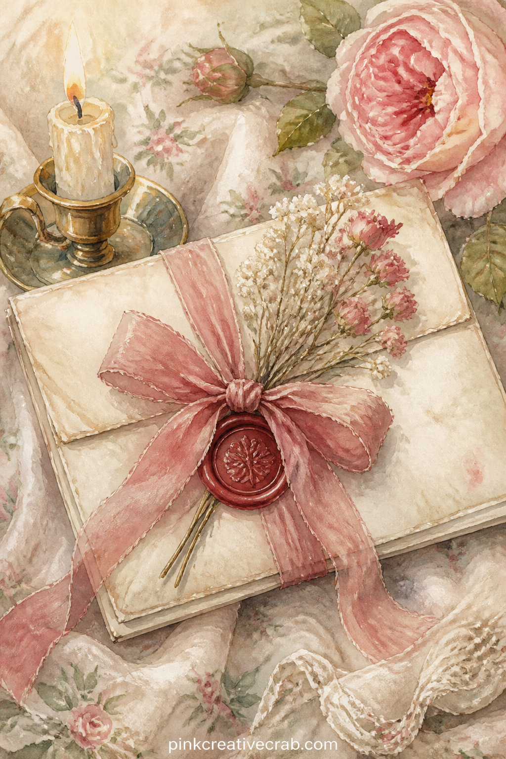 Sealed Letter With Wax And Ribbon printable page — The five minute version of this page: paint the sealed letter itself, add one sprig of flowers tucked under