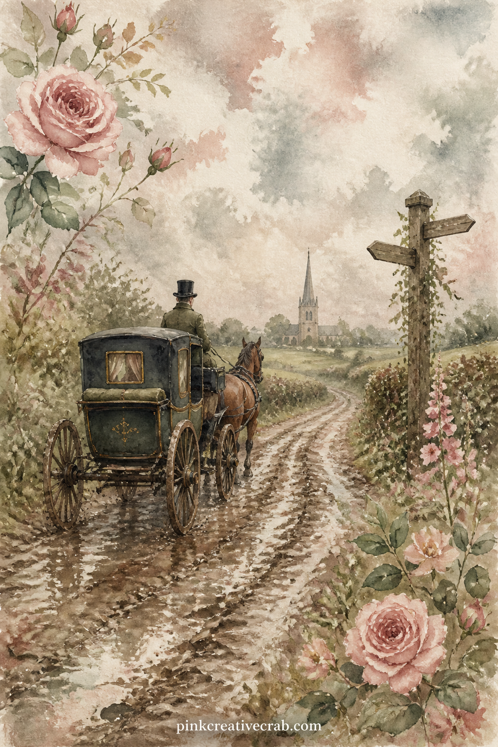 Carriage On A Muddy Country Road printable page — A horse drawn carriage rolls along a rutted lane between hedgerows, its wheels caked with mud, while a