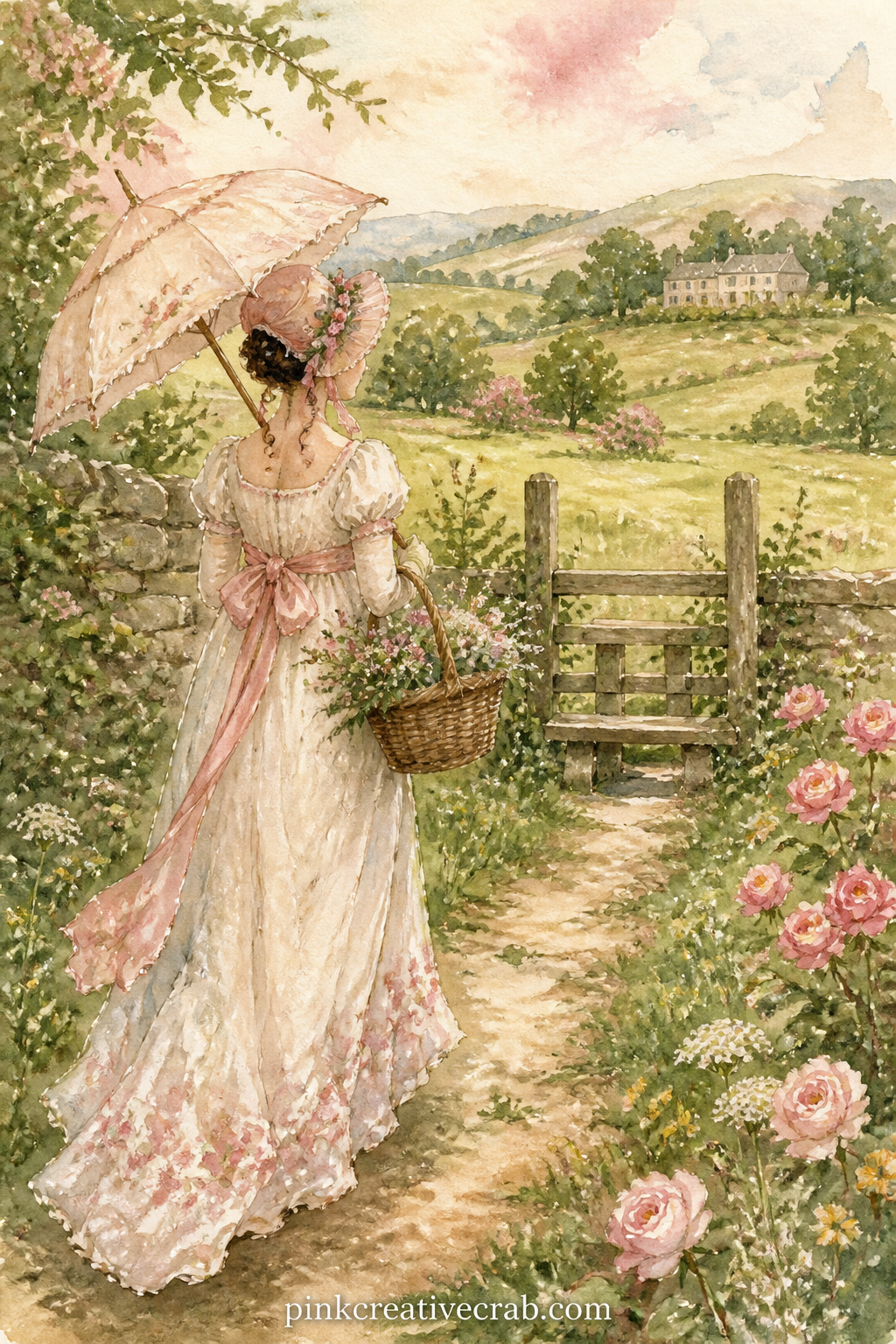 Country Walk With Parasol printable page — Place this page beside the Carriage On A Muddy Country Road, so the journal moves from travelling by coach to