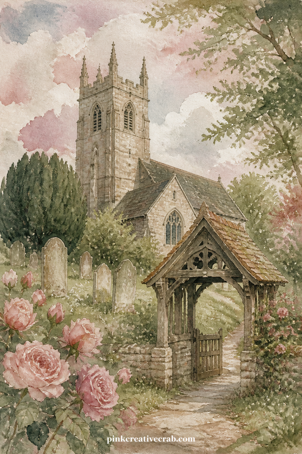 Village Church And Lychgate printable page — Tea stain just the lower edge of this page before gluing it in, so the churchyard grass looks faintly worn, the