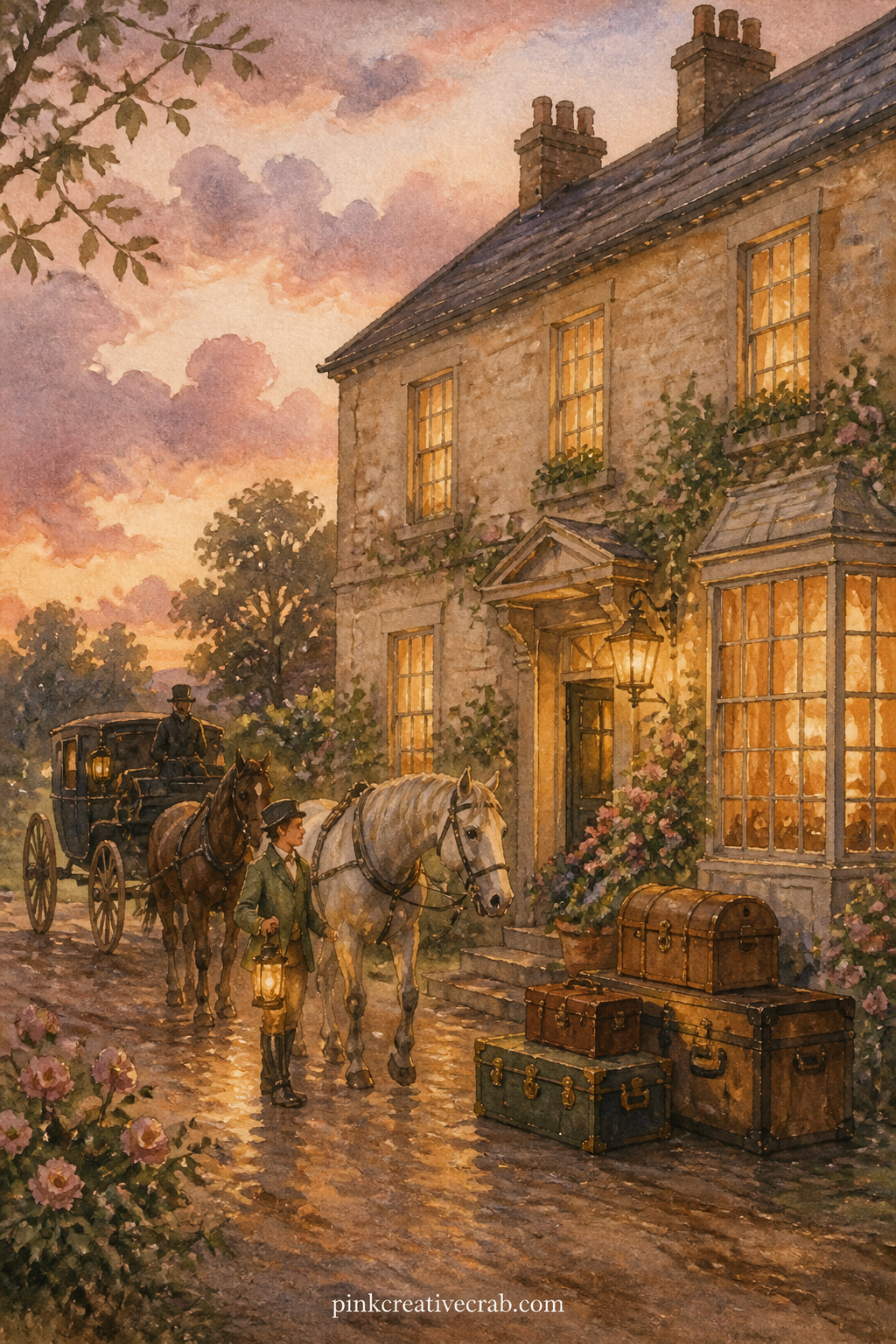 Coaching Inn At Dusk printable page — The usual mistake here is painting the inn alone with nothing happening around it: add the ordinary business of arrival