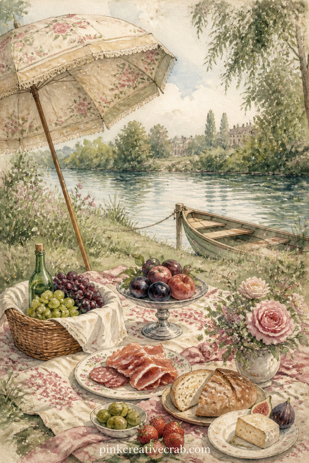 Picnic By The River printable page — A spread of cold meats, bread and fruit sits on a cloth by the riverbank, with a parasol planted in the grass and a boat