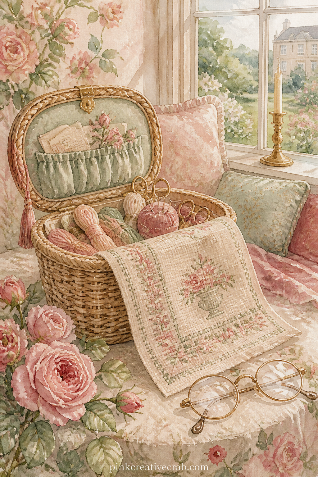 Needlework Basket And Sampler printable page — Works best paired with the Tea Table page across a spread, since both sit in the same drawing room and share its