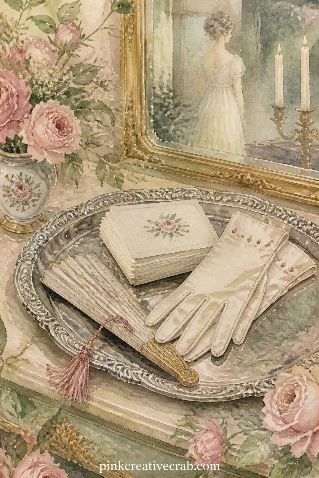 Calling Cards And Gloves On A Tray printable page — A single sentence is enough for a page this quiet: a silver tray holds a small stack of calling cards, a