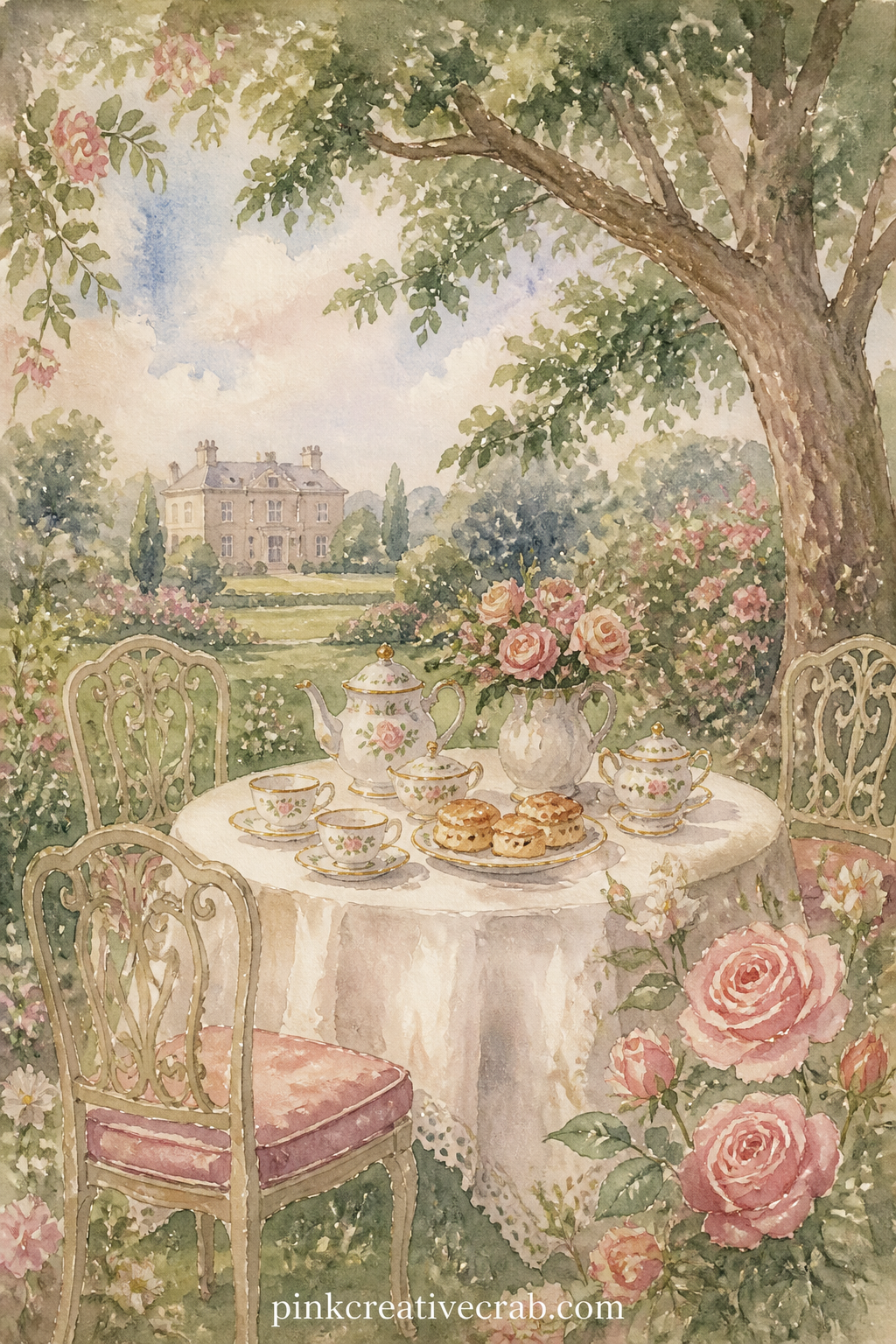 Garden Tea Party printable page — The five minute version: paint just the laid table under its tree and skip the figures entirely, letting the empty chairs and