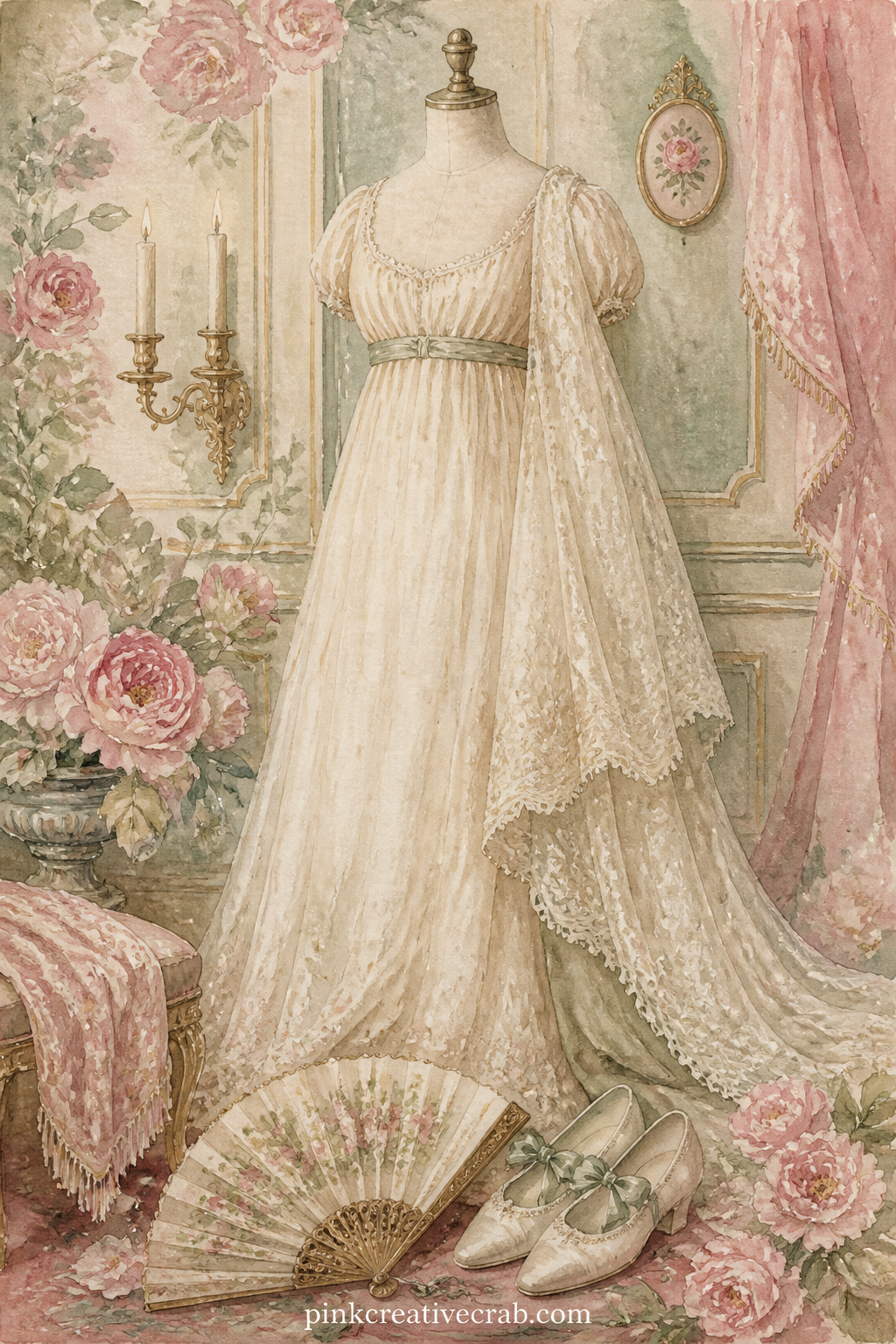 Ball Gown On A Dress Form printable page — The usual mistake is painting the gown as a flat shape, so give it folds and a little weight, with a shawl, a fan