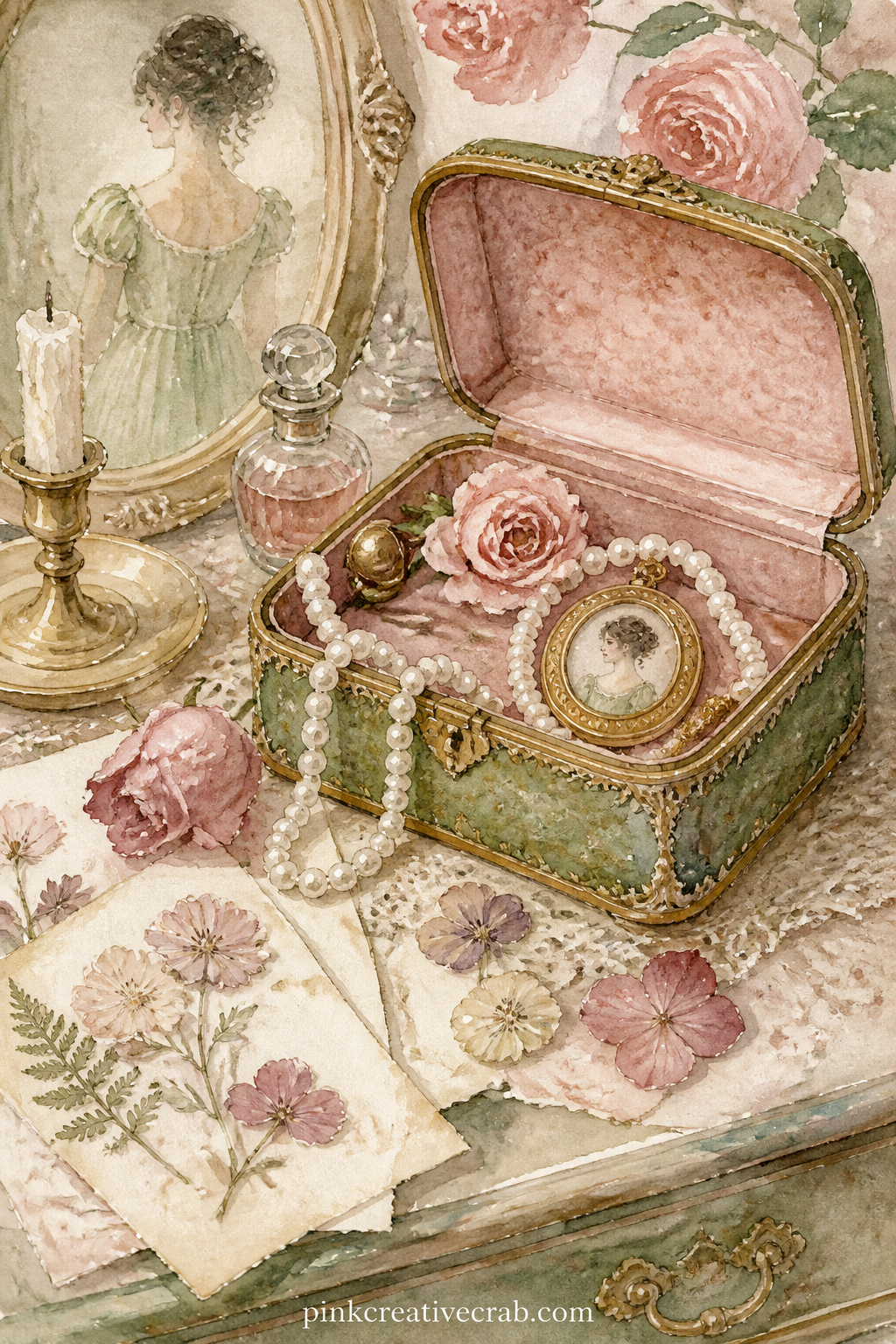 Jewellery Box And Pressed Flowers printable page — Write a short list in the space left at the bottom of this page: the keepsakes you would choose to keep in a