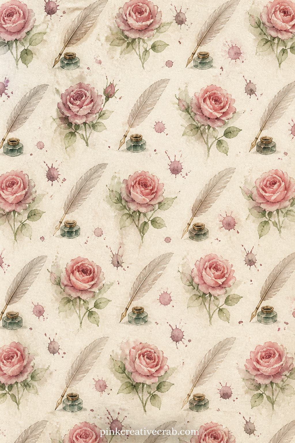 Quill And Rose Pattern printable page — Small quills, ink drops and open roses repeat in loose rows across the page in dusty rose and faded gold. Jane austen
