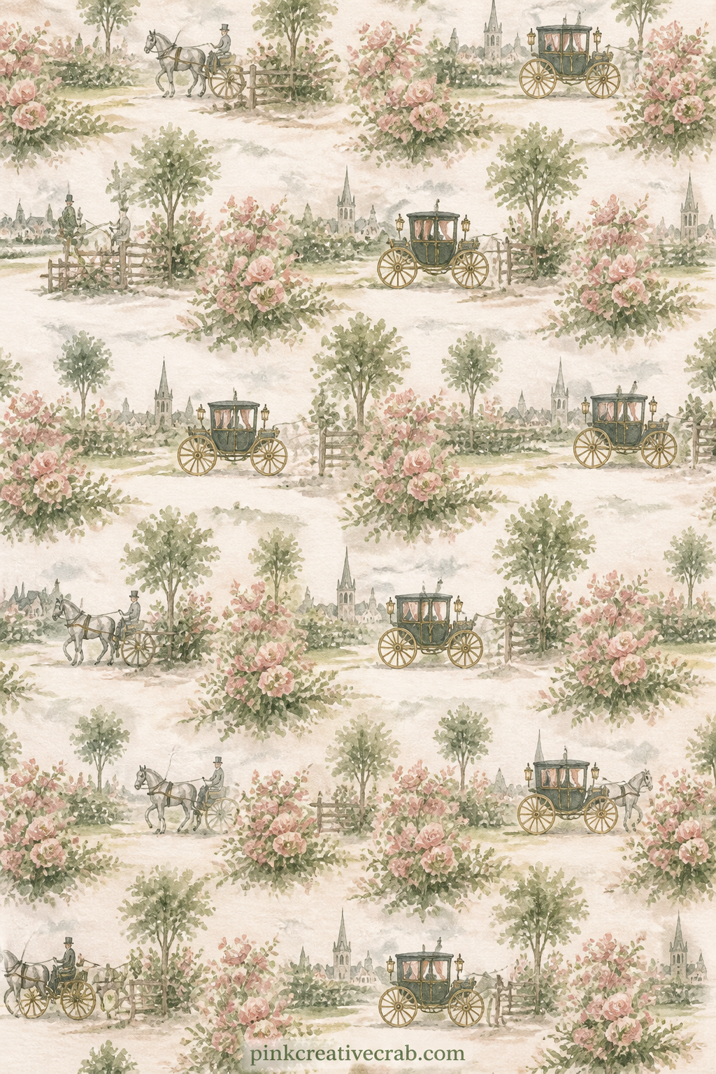Toile Carriage Pattern printable page — Tiny carriages, hedgerows and distant church spires repeat in soft sage toile style rows. Jane austen junk journal