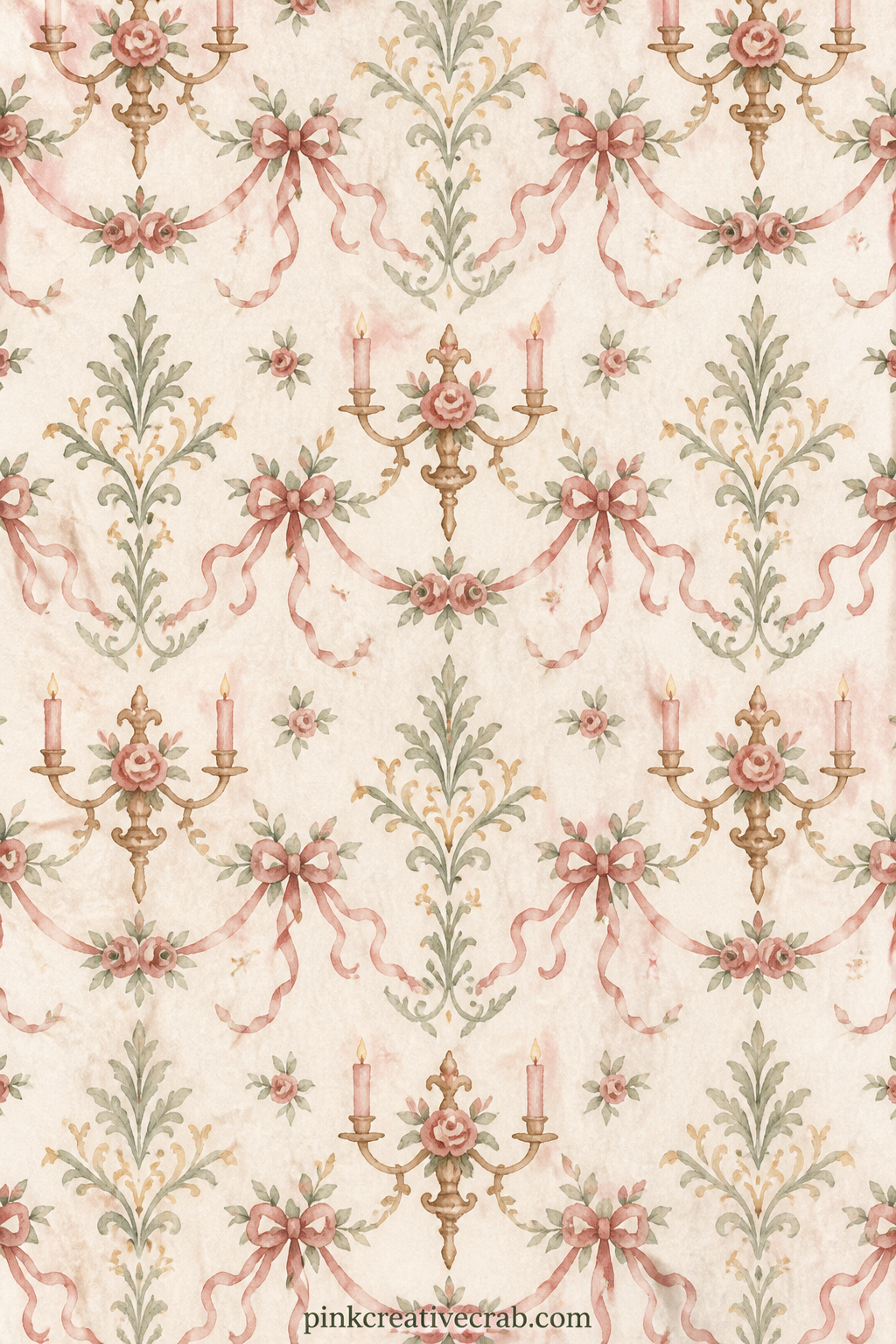 Ballroom Damask Pattern printable page — A faded damask of candle sconces and looped ribbon runs edge to edge in dusty rose and cream. Jane austen junk journal