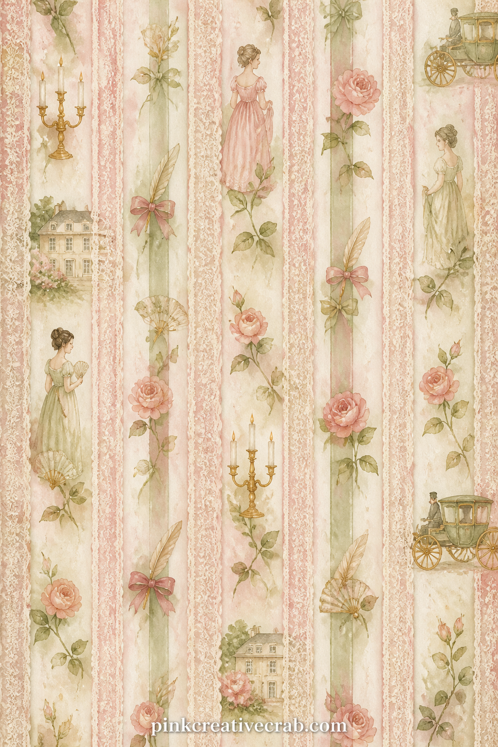 Lace And Ribbon Stripe Pattern printable page — Narrow stripes of lace edging and thin ribbon alternate down the page in cream and sage. Jane austen junk