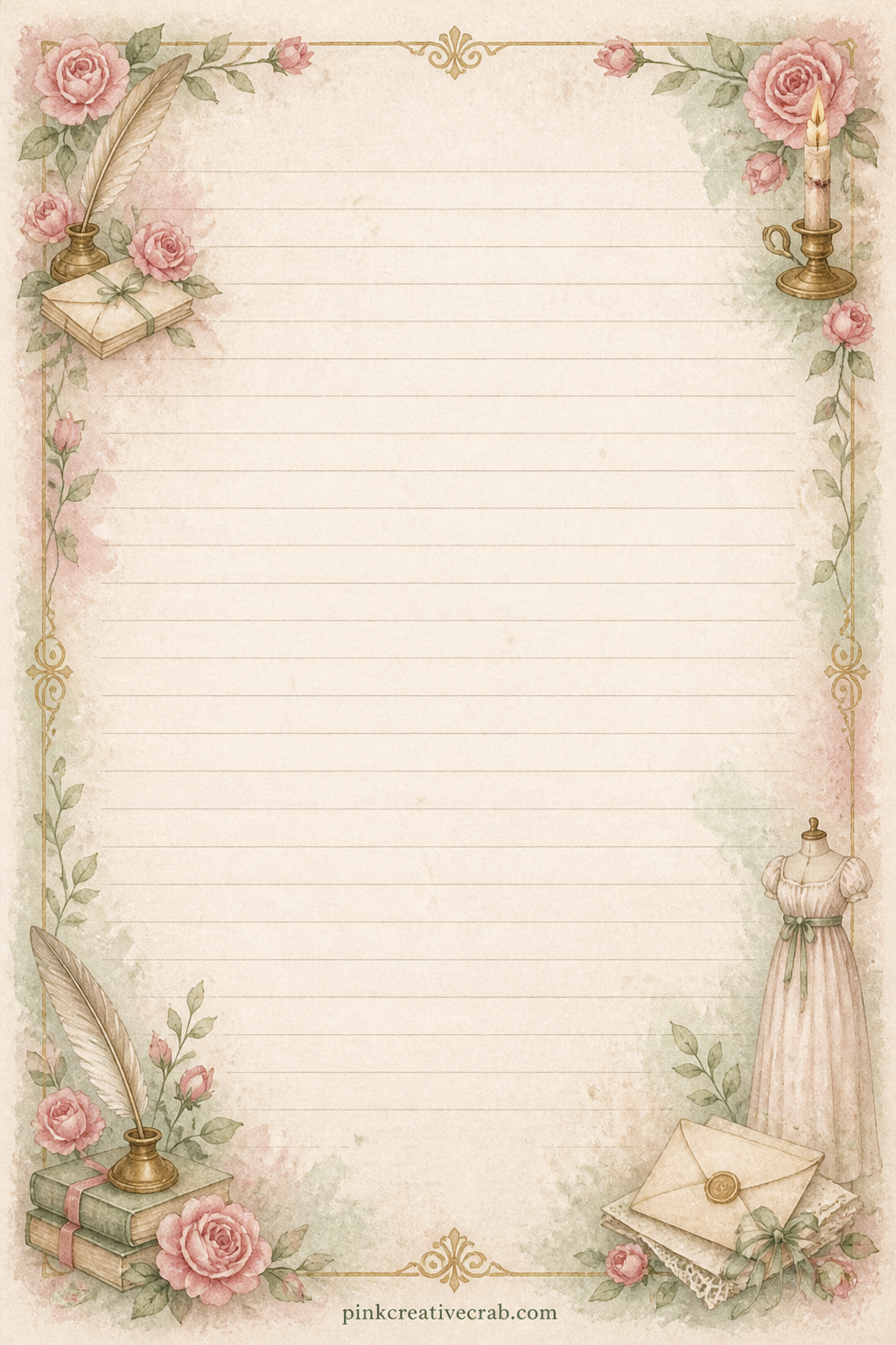 Letters To Keep Lined Page printable page — A corner spray of quills and roses frames space enough for a letter to next year, a line copied from a favourite