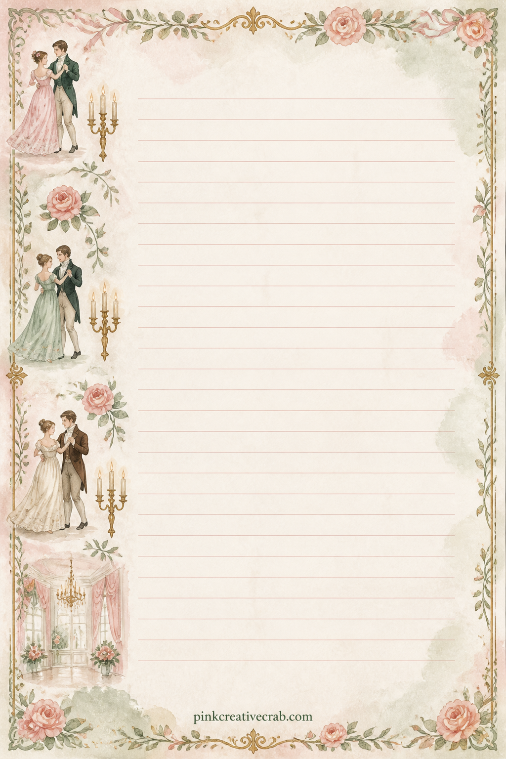 Ballroom Border Lined Page printable page — A band of tiny dancing figures and candle sconces runs down one side, leaving room to write a guest list for an