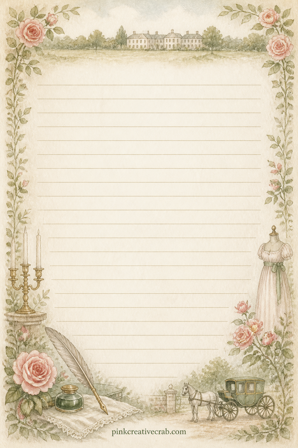 Country Estate Lined Page printable page — A frame of tiny hedgerows and a distant rooftop runs along the top edge, with space below for a packing list, a