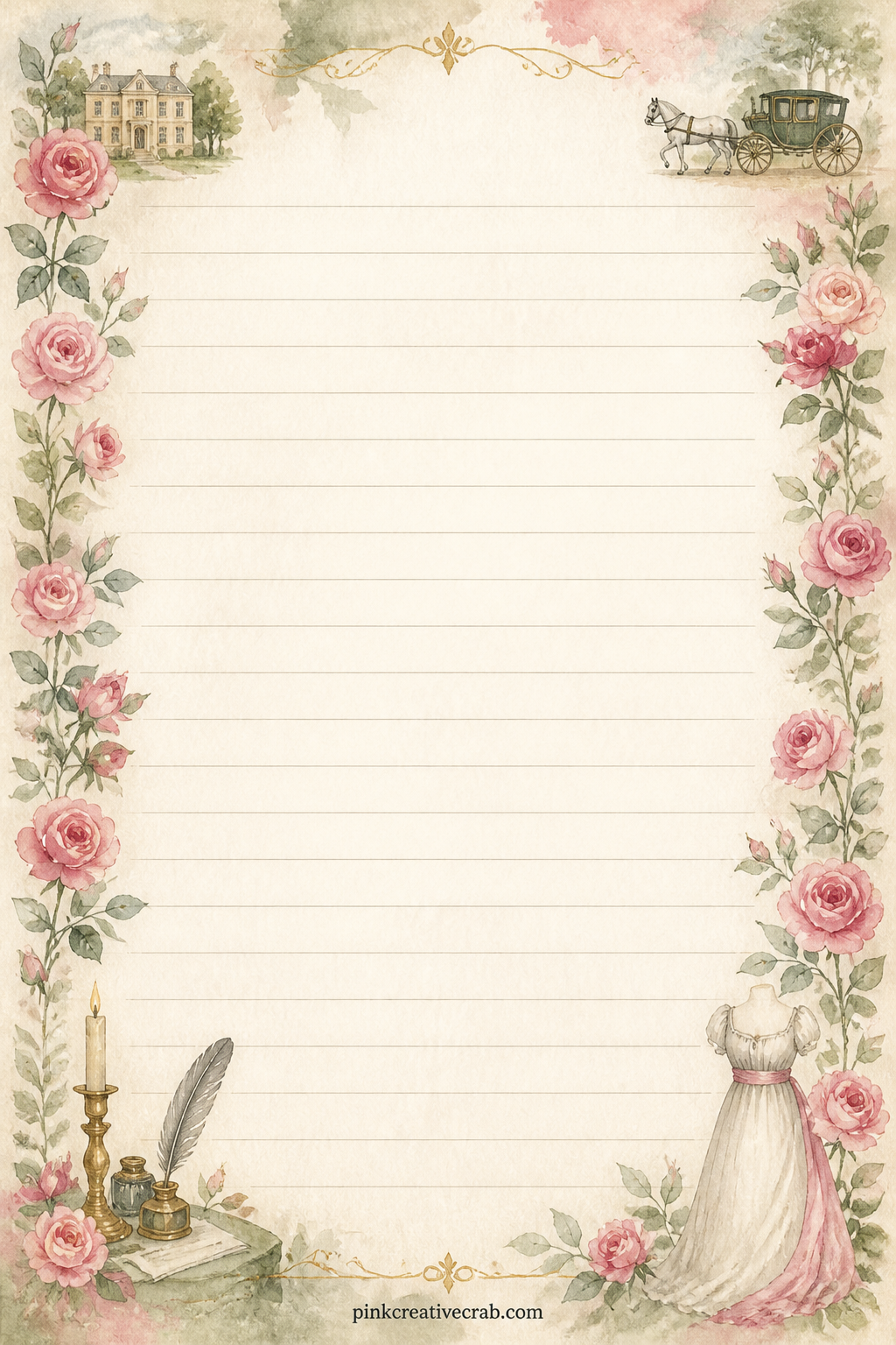 Rose Garden Lined Page printable page — A frame of small open roses runs along both side edges, leaving the centre clear for a recipe for tea cakes, a garden