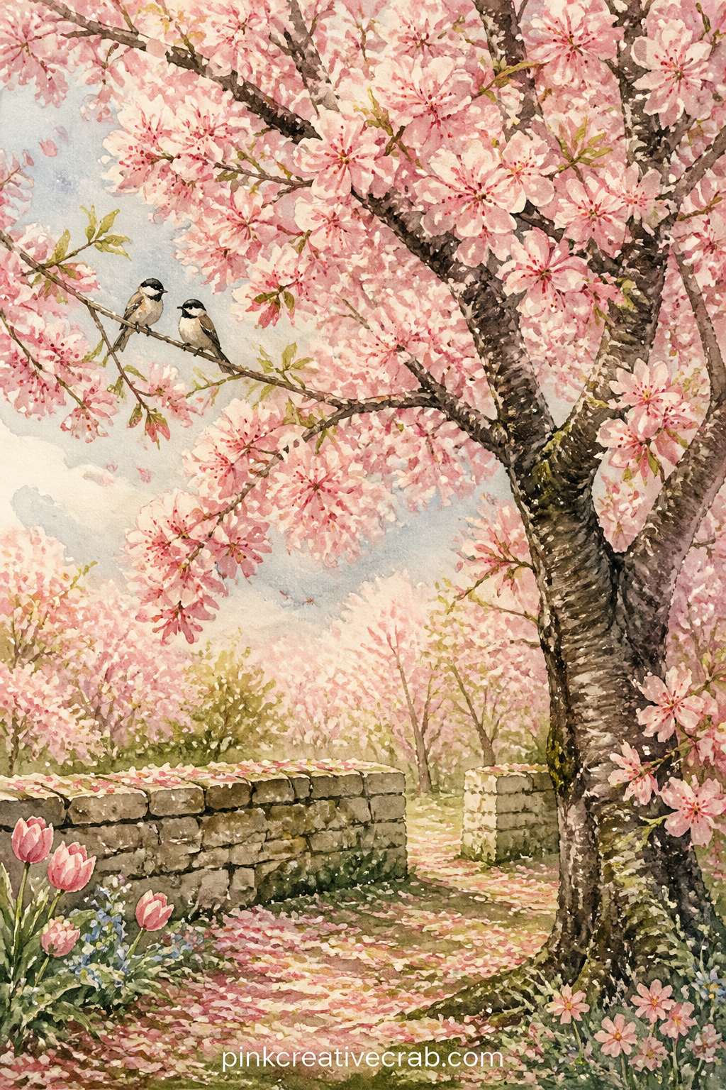 Cherry Tree In Full Blossom printable page — A cherry tree stands heavy with pink blossom against a pale spring sky, with a scatter of fallen petals and a low