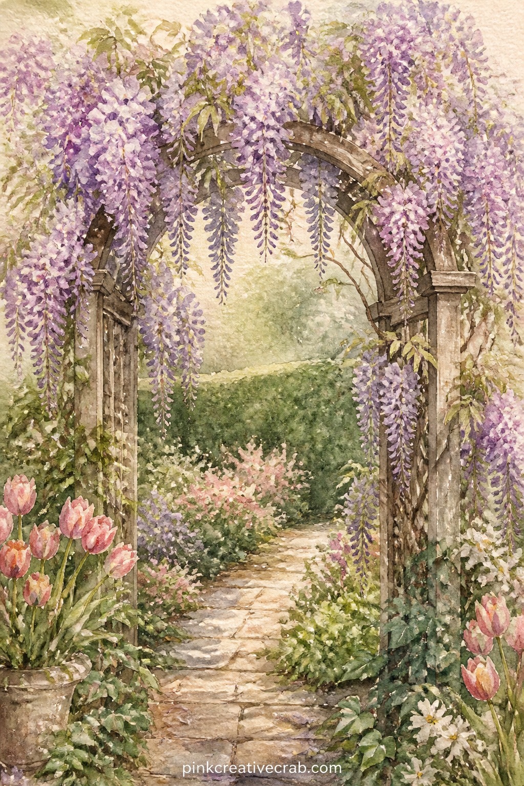 Wisteria Over A Garden Arch printable page — Pair this page with the Tulip and Bee Pattern from this set: use the pattern as a facing page so the purple