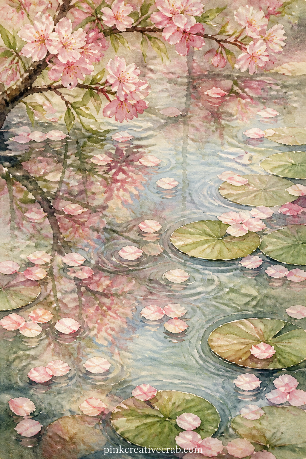 Blossom Petals On Water printable page — Fallen petals drift across a still pond, scattered among lily pads and the reflection of an overhanging branch. Spring