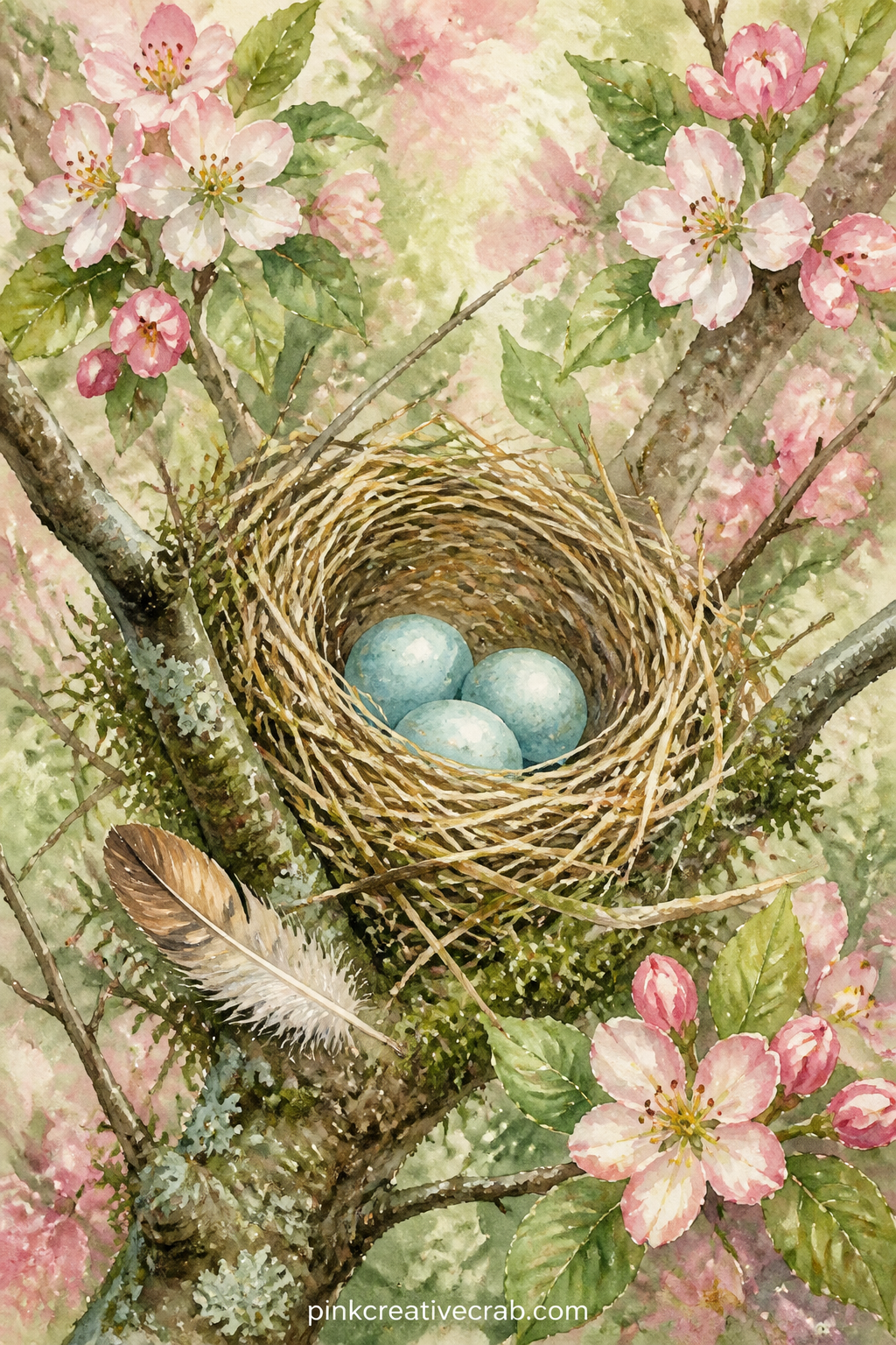 Robin's Nest With Blue Eggs printable page — A robin's nest sits tucked in a forked branch, holding three pale blue eggs, with a scatter of twigs, moss and a