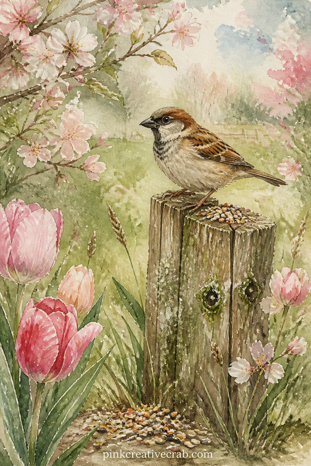 Sparrow On A Fence Post printable page — The usual mistake here is painting the fence post too dark and flat, which pulls focus from the bird: keep the wood