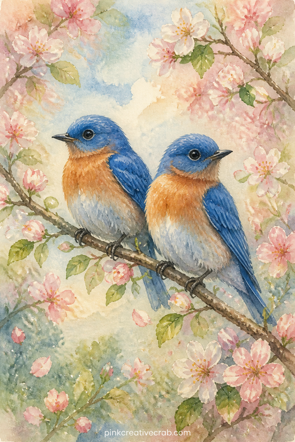 Bluebird Pair On A Branch printable page — Two bluebirds share a blossom branch, surrounded by a handful of small leaves and petals, painted over a wash of
