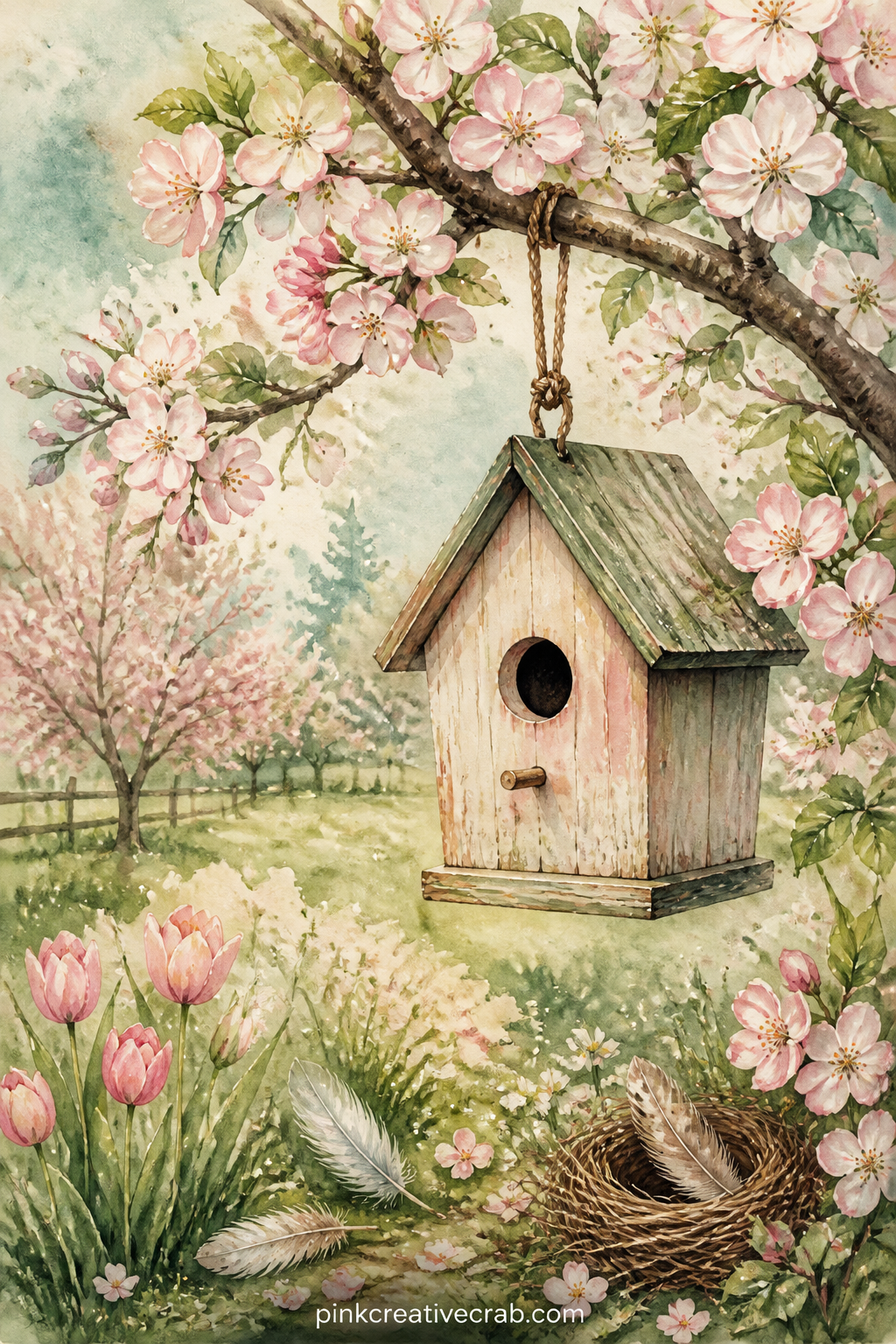 Birdhouse In The Orchard printable page — Leave a short caption space under the roofline of the birdhouse and write a one line wish for the season there