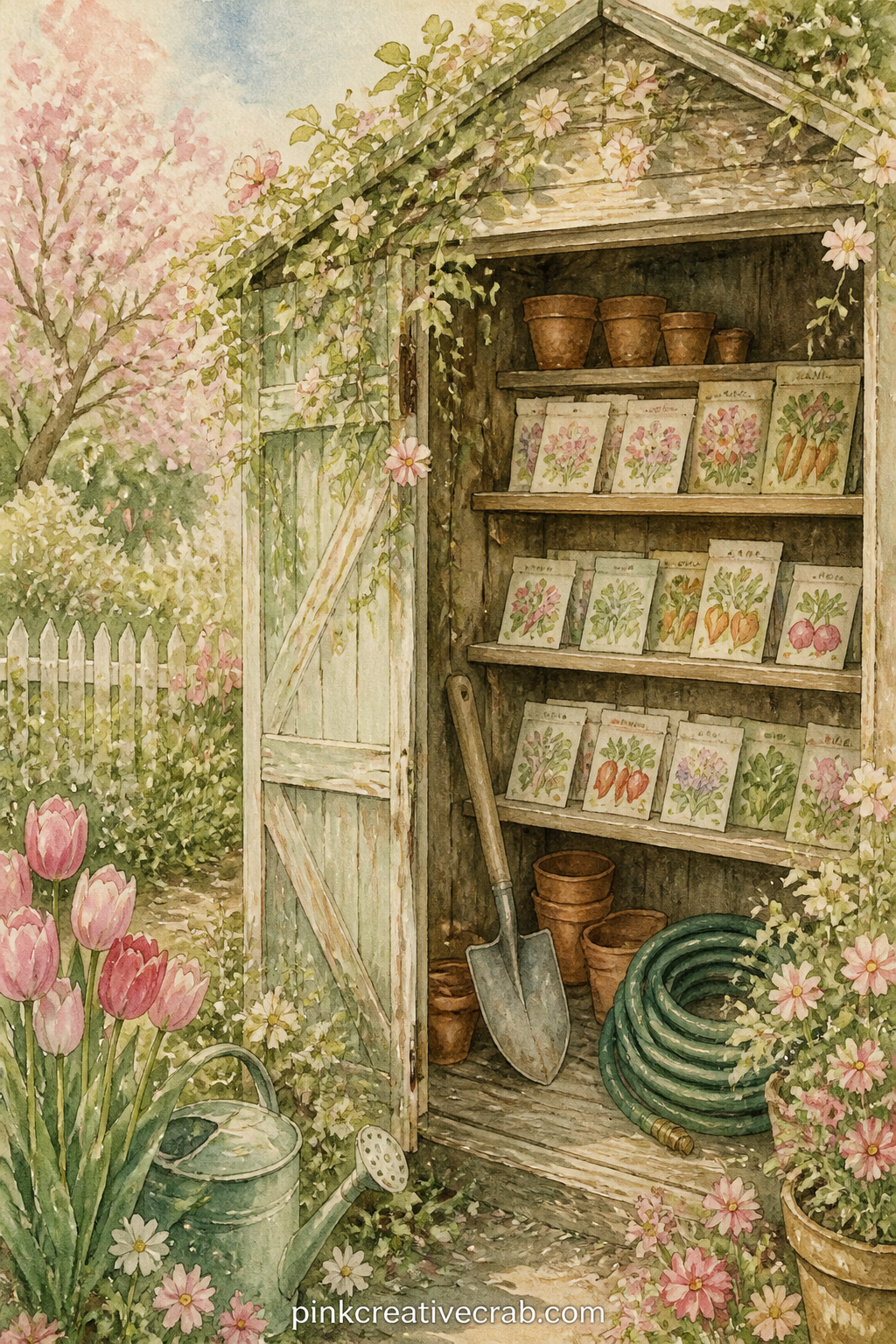 Garden Shed With Seed Packets printable page — A weathered garden shed stands open with rows of seed packets, a trowel and a coiled hose leaning against the