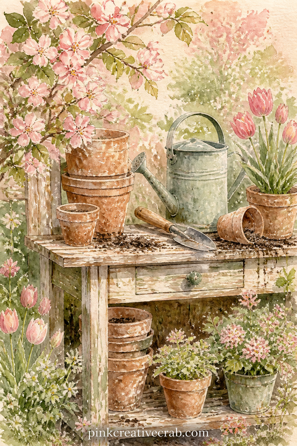 Potting Bench With Clay Pots printable page — Fold a real seed packet or a small gardening note into the pocket of this page's border, slipping it along the