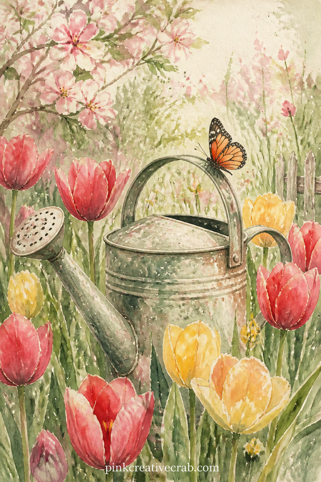 Watering Can Among Tulips printable page — An old tin watering can rests among a bed of red and yellow tulips, with a butterfly resting on the handle and soft