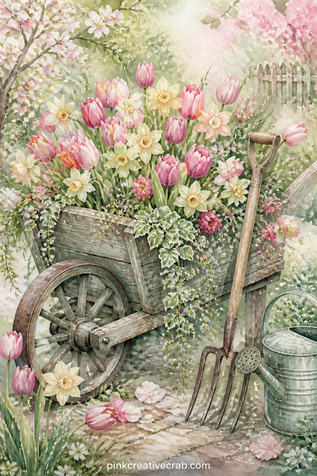 Wheelbarrow Of Spring Blooms printable page — Tear the right edge of this page roughly instead of cutting it, so the overflowing flowers in the wheelbarrow