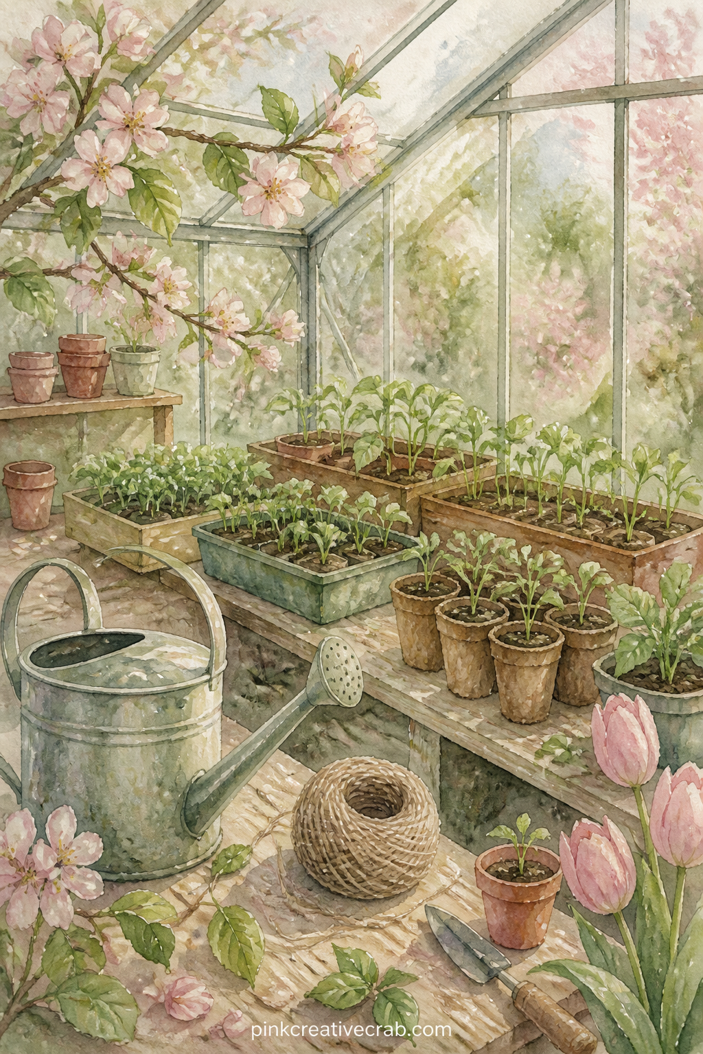 Greenhouse Full Of Seedlings printable page — Rows of small seedlings grow in a glass greenhouse, with a watering can, a ball of twine and a few scattered
