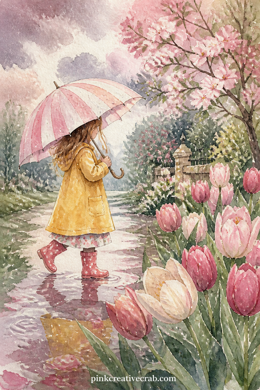 Girl With Umbrella In Spring Rain printable page — A girl in a yellow coat walks under a striped umbrella through gentle spring rain, past a row of blooming