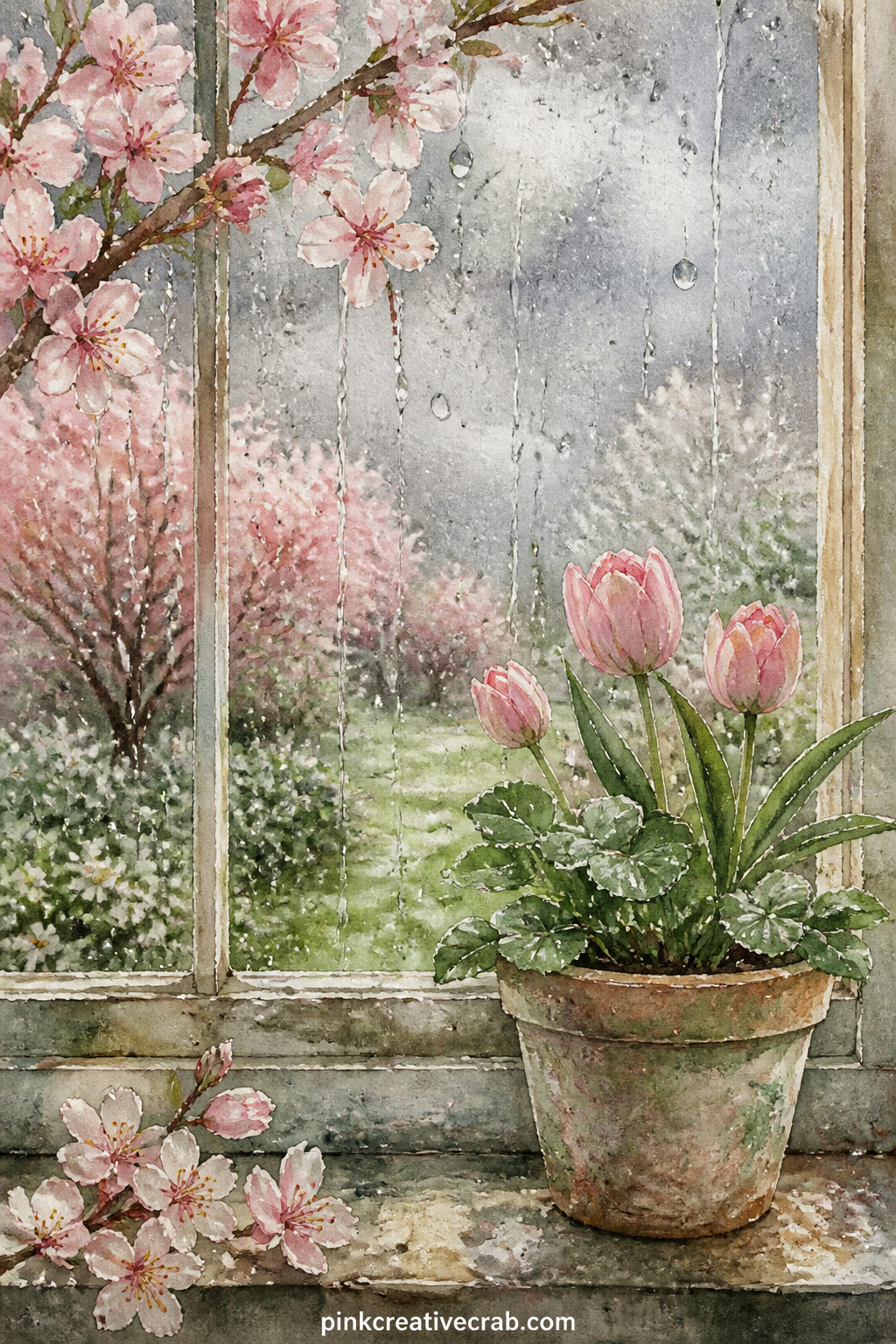 Rain On A Window Pane printable page — Raindrops trail down a windowpane, with a blurred garden of blossom trees visible beyond the glass and a small potted