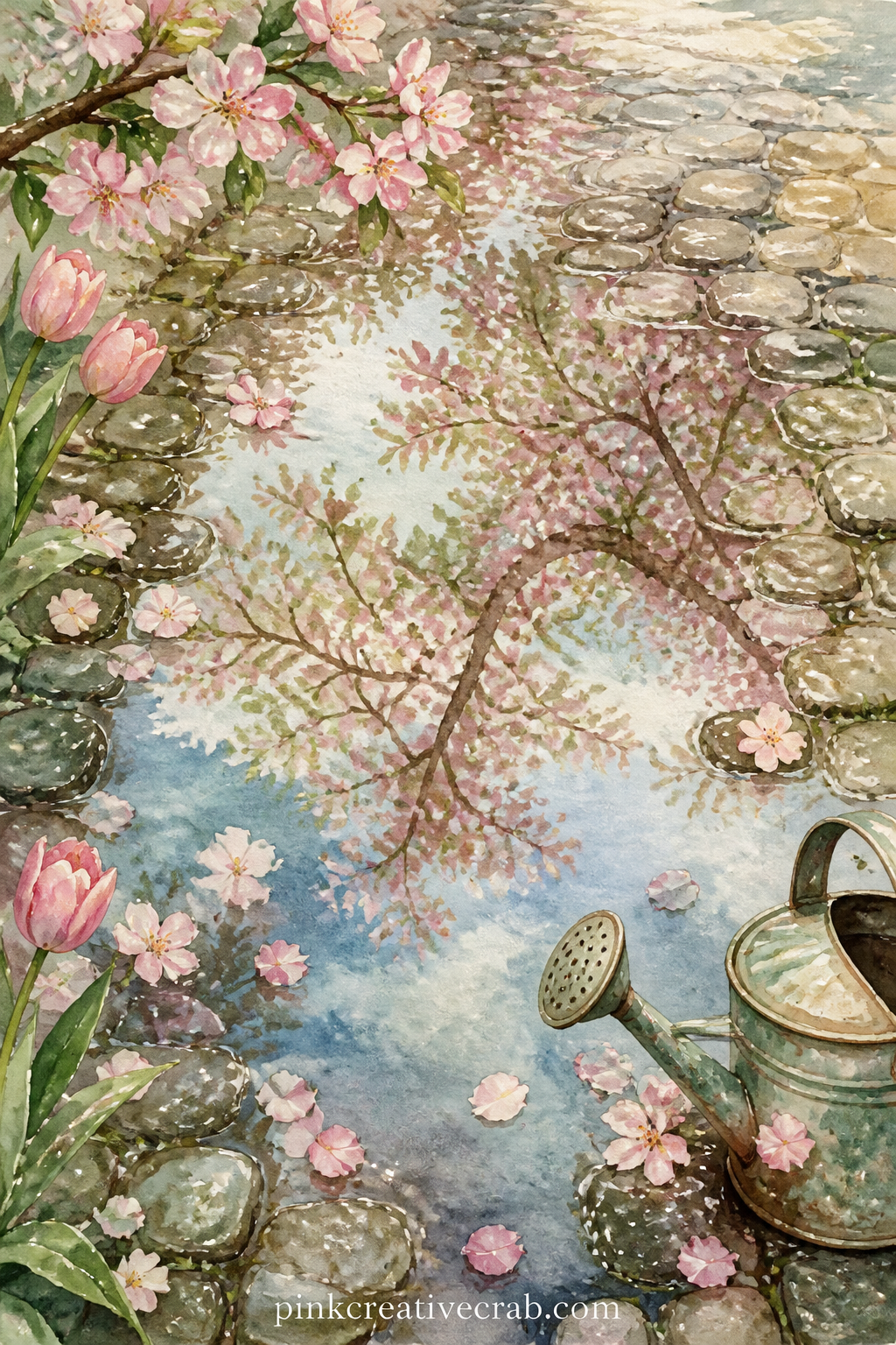 Puddle Reflecting A Blossom Tree printable page — Ask yourself in the margin here what spring rain usually makes you remember, then write the answer directly