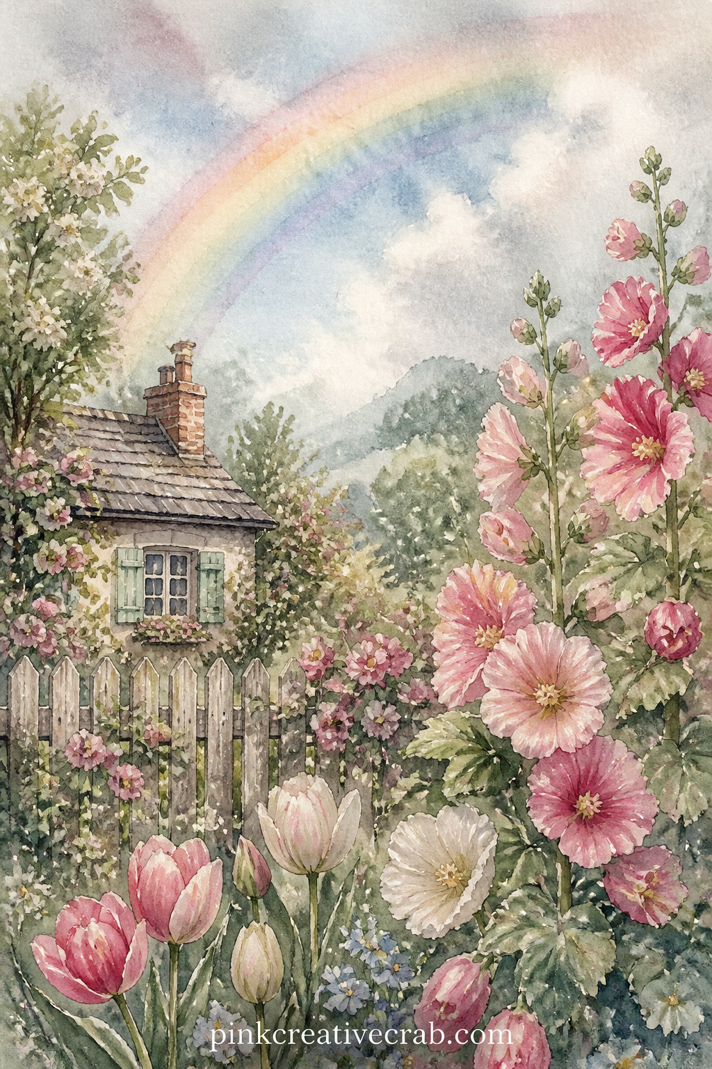 Rainbow Over A Cottage Garden printable page — Place this page across from the Lined Garden Journal Page later in your book, so the calm rainbow sky sits