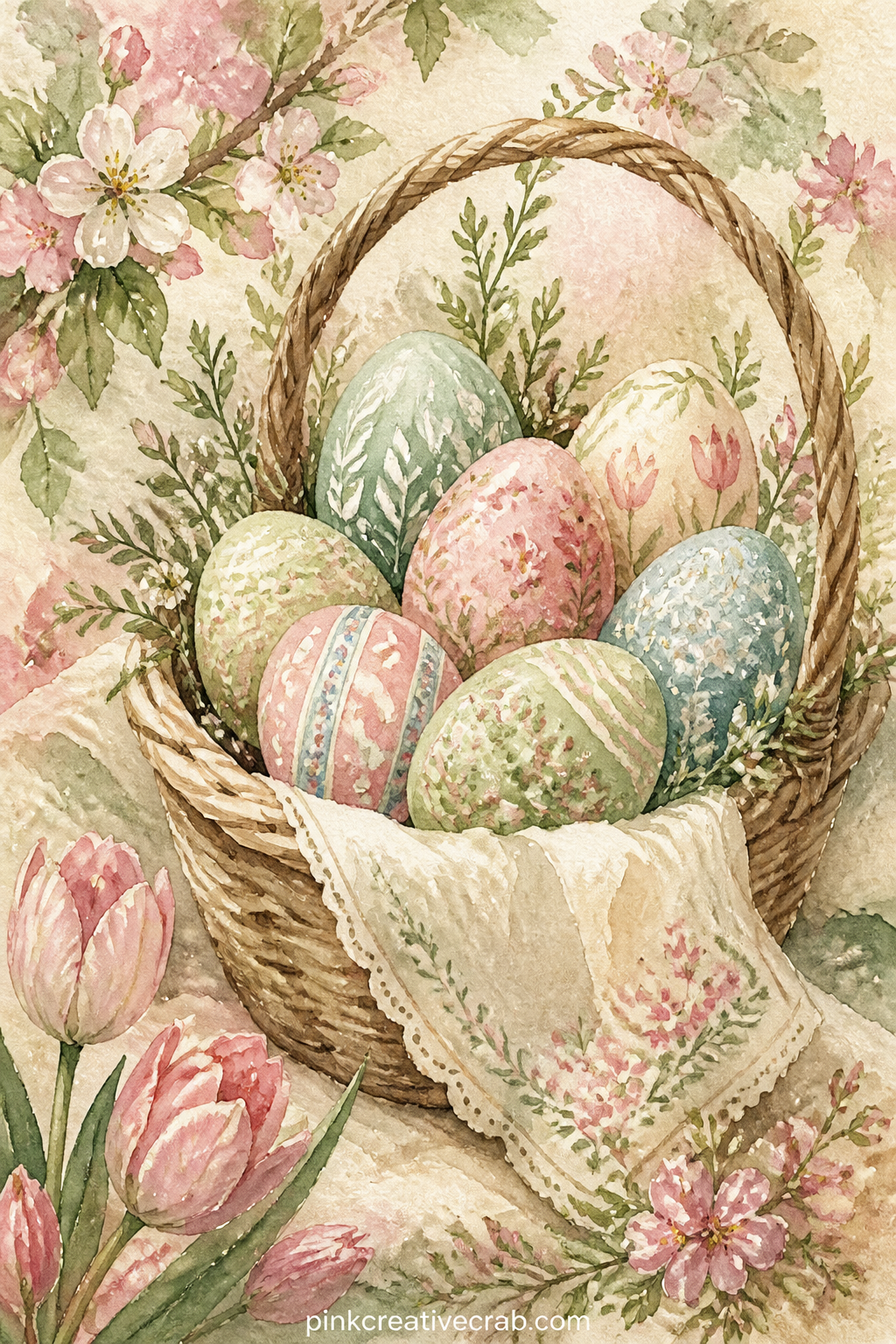Easter Basket With Painted Eggs printable page — Here is the five minute version: paint just the basket and three eggs loosely, skip the background greenery