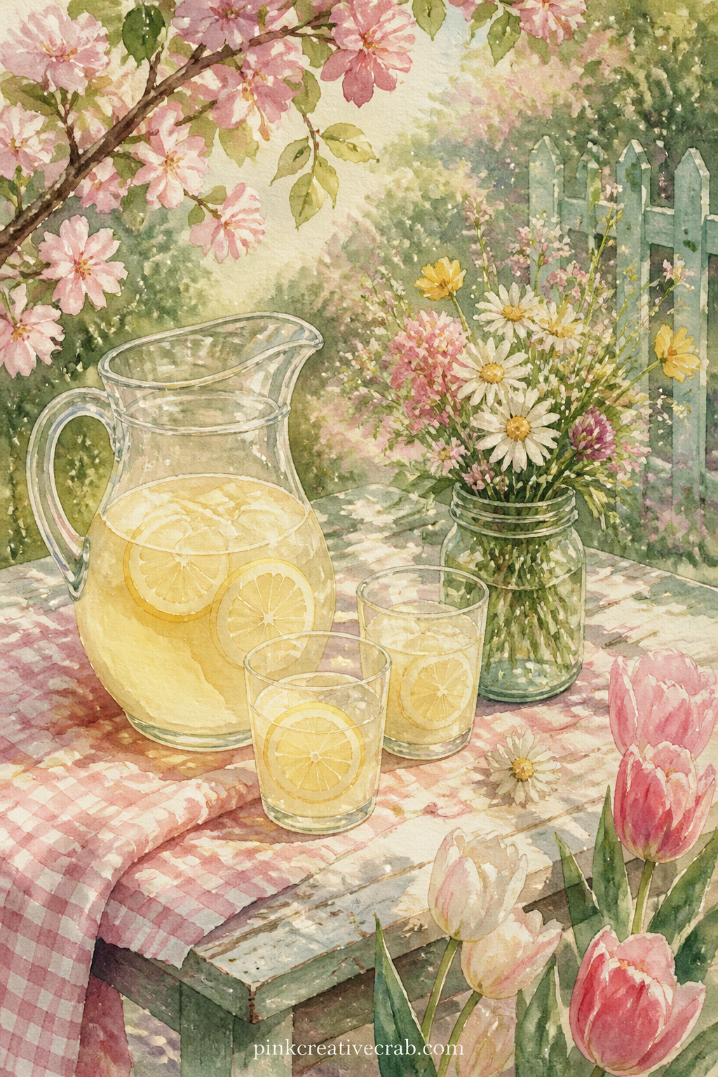 Spring Table With Lemonade printable page — A small garden table is set with a jug of lemonade, two glasses and a jar of wildflowers, with a checked cloth and