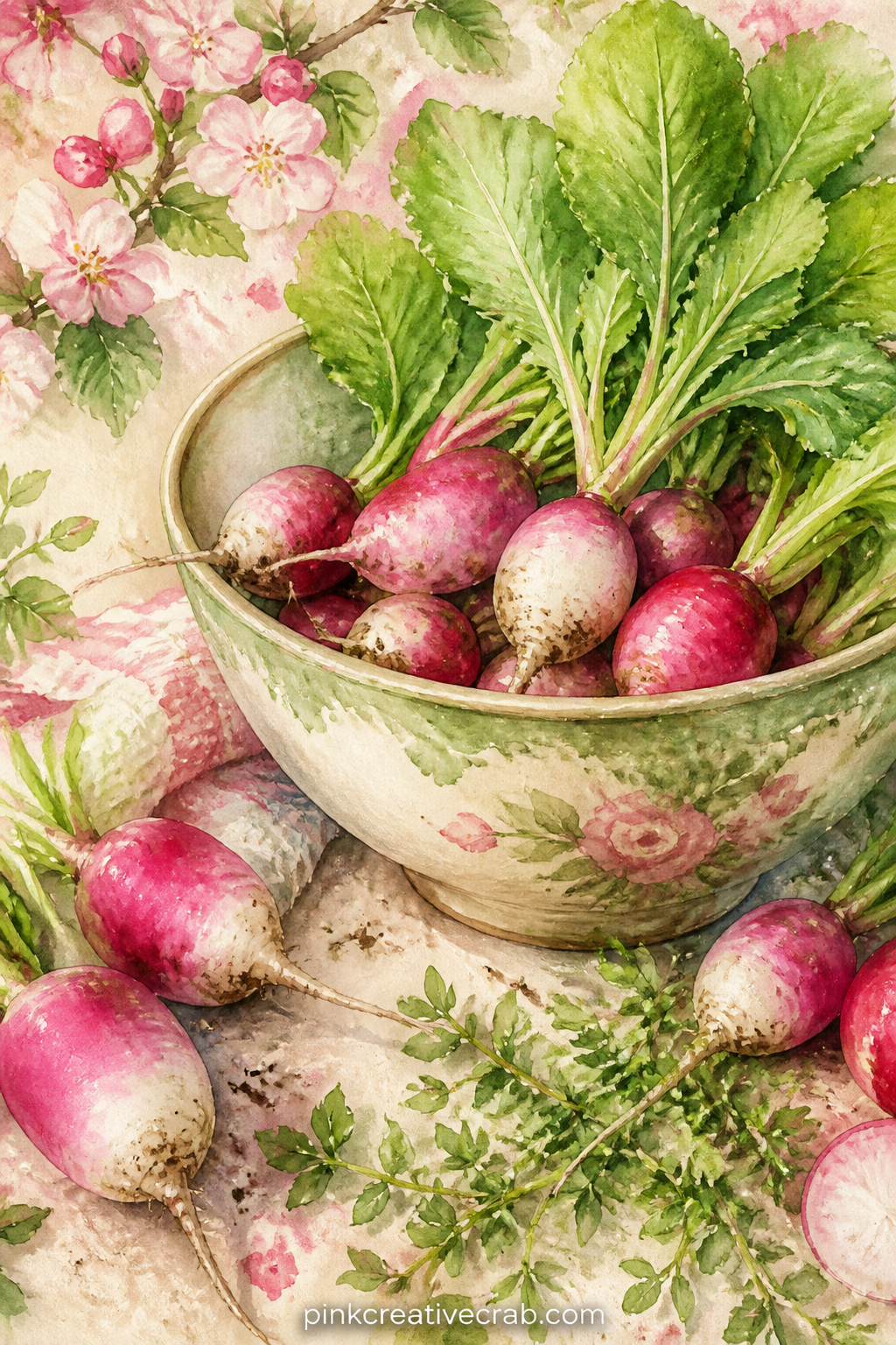 Bowl Of Spring Radishes printable page — A simple still life like this suits anyone building a kitchen or garden section in their journal, since it pairs