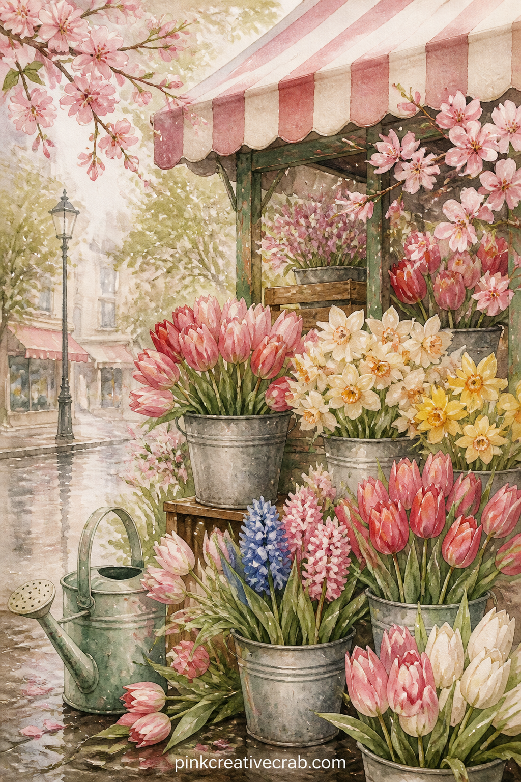 Flower Market Stall printable page — A small flower stall displays buckets of tulips, daffodils and hyacinths, with a chalkboard price sign and a striped
