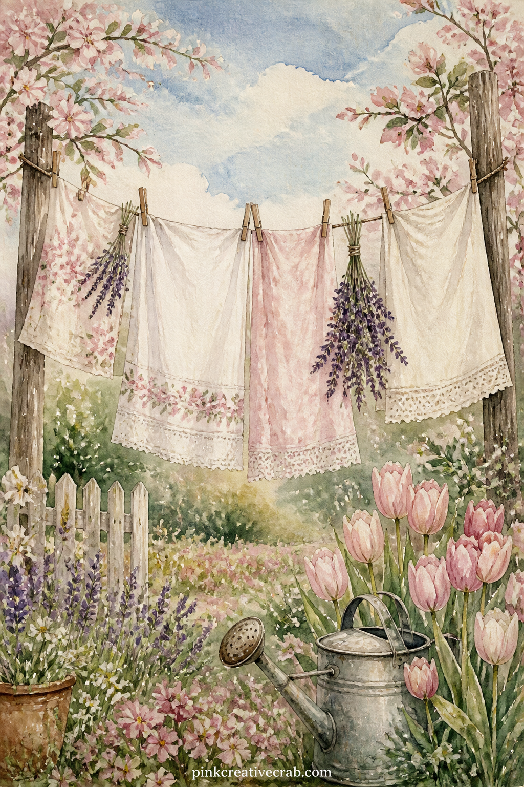 Clothesline With Spring Linens printable page — The usual mistake with a clothesline page is making every sheet the same shape: vary the folds and lengths of