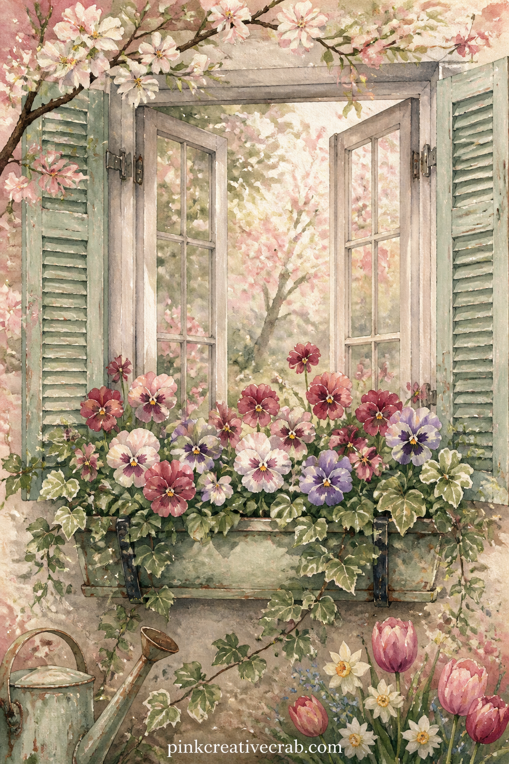 Open Window With Flower Boxes printable page — Write the name of a place that feels like spring to you along the sill of this window, somewhere you have