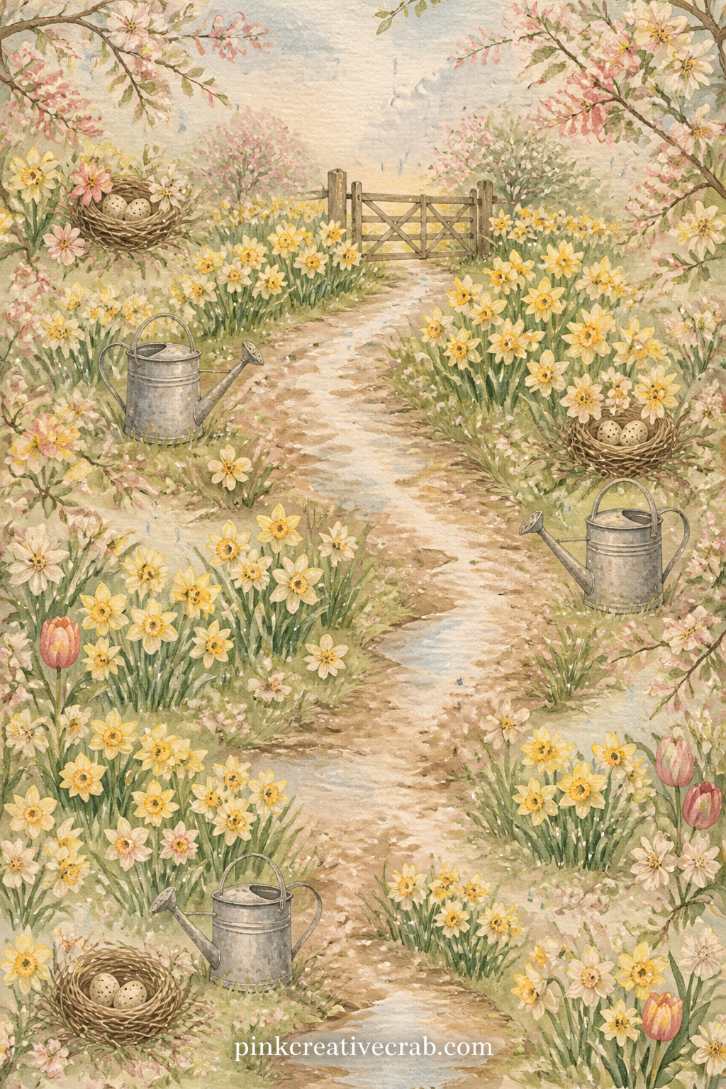 Country Lane Lined With Daffodils printable page — A winding country lane runs between two banks thick with daffodils, with a wooden gate in the distance and a