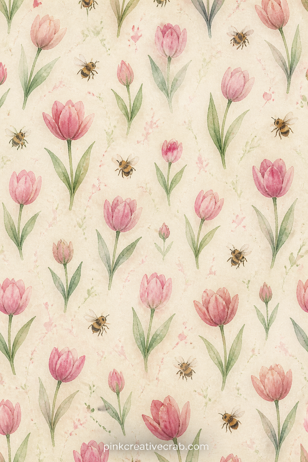 Tulip and Bee Pattern printable page — Small tulips and bees repeat edge to edge across this sheet in dusty rose and soft yellow. Spring junk journal