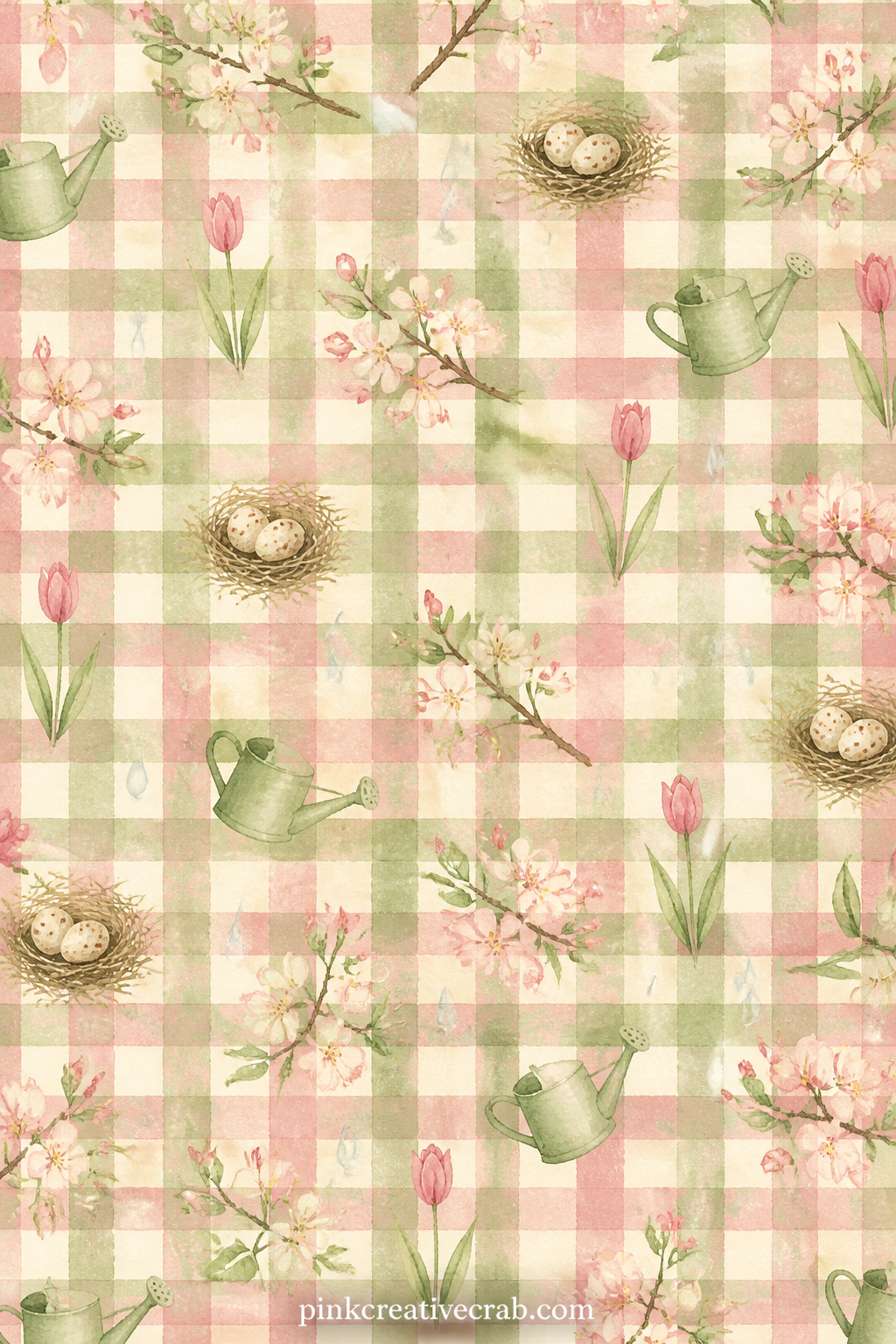 Gingham Picnic Pattern printable page — A soft gingham check repeats across the page in muted sage and cream. Spring junk journal