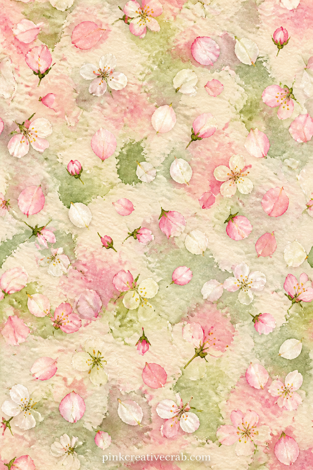 Scattered Blossom Petals Pattern printable page — Loose pink and white petals drift across the page at random, small and evenly spaced. Spring junk journal