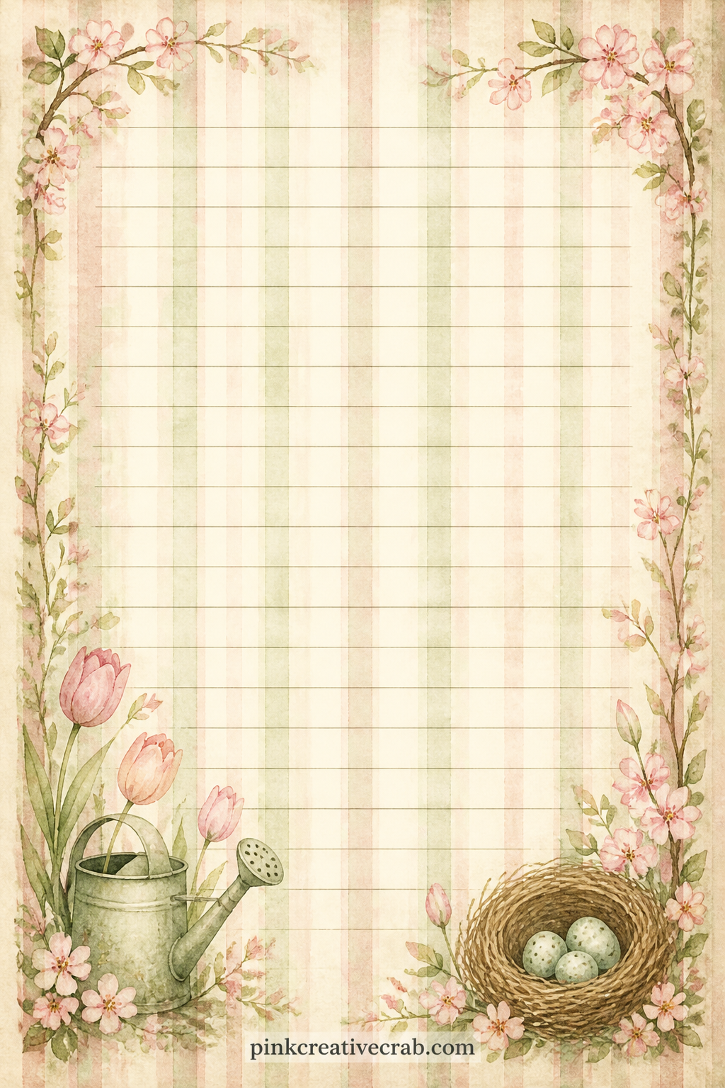 Vintage Striped Ticking Background printable page — Faint vertical stripes in sage and cream run the length of the page, worn and soft at the edges. Spring